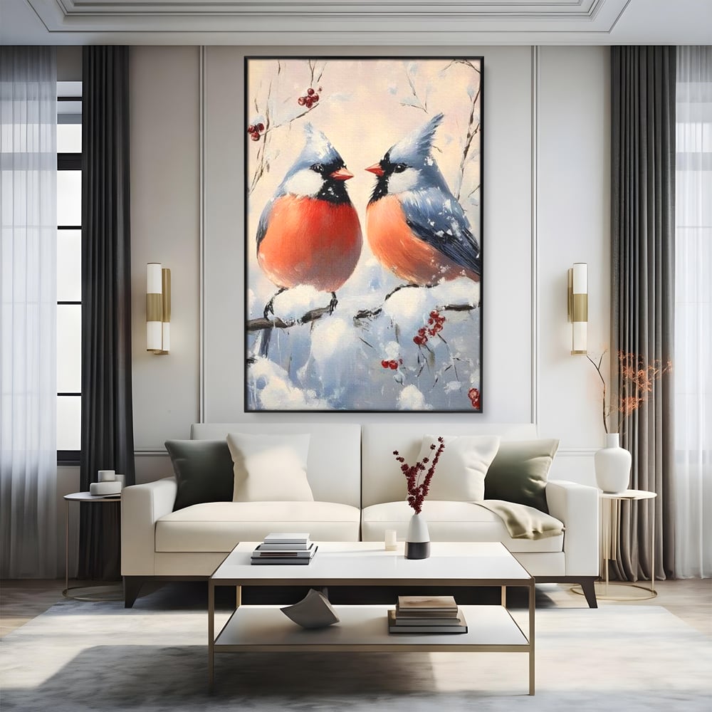 Tablou canvas cu tablou canvas cu doi pasari cardinali in iarna, in rama de aluminiu negru, pe perete intr-un living